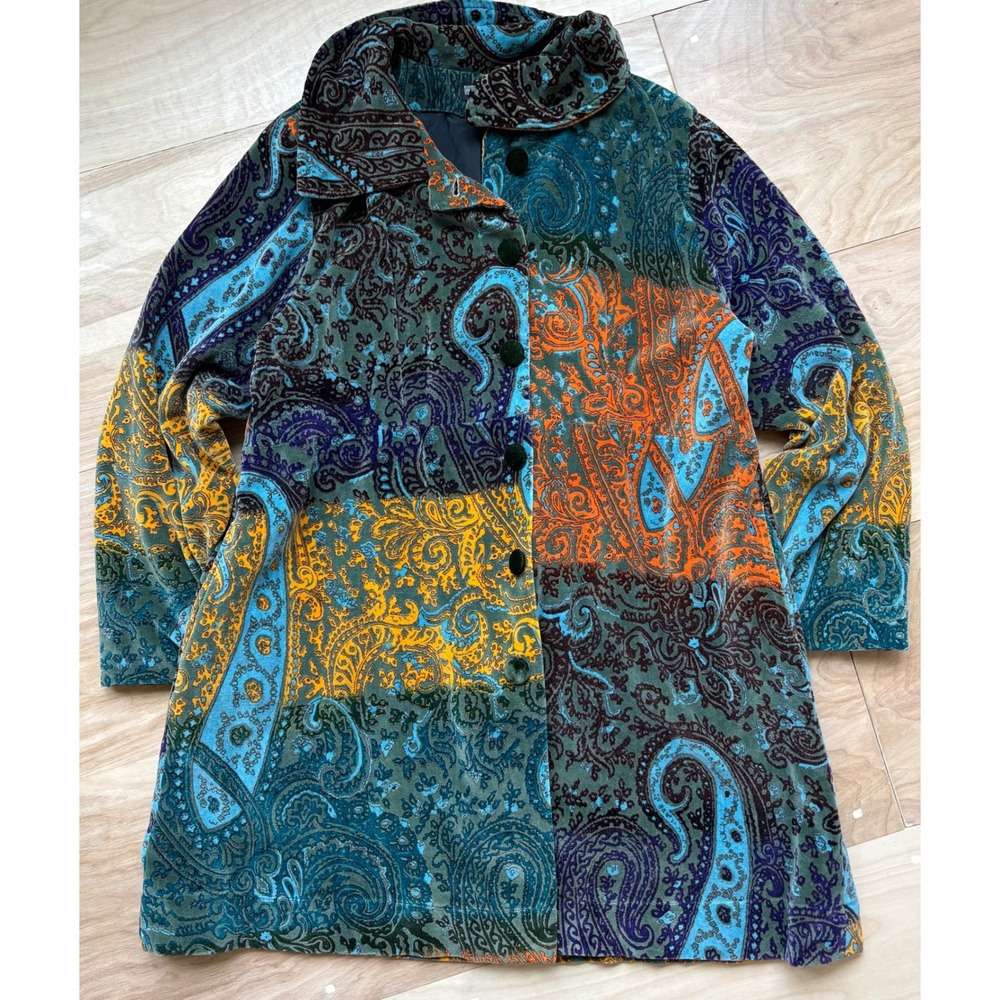 The Pyramid Collection Womens Paisley Patchwork Velvet Coat Boho Hippie Art L/XL